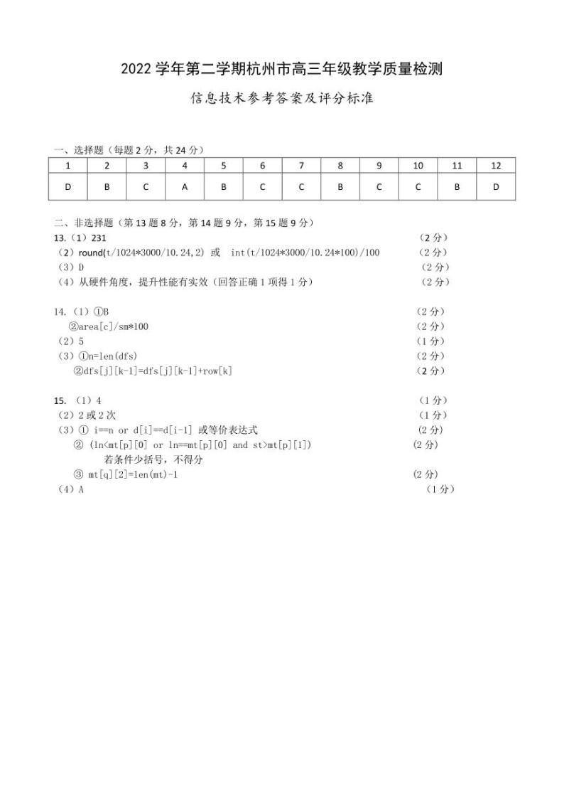 2022-2023学年浙江省杭州市高三下学期4月教学测试（二模）技术试题 PDF版01