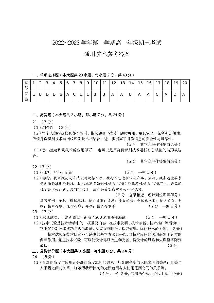 高一通用技術(shù)答案第1頁
