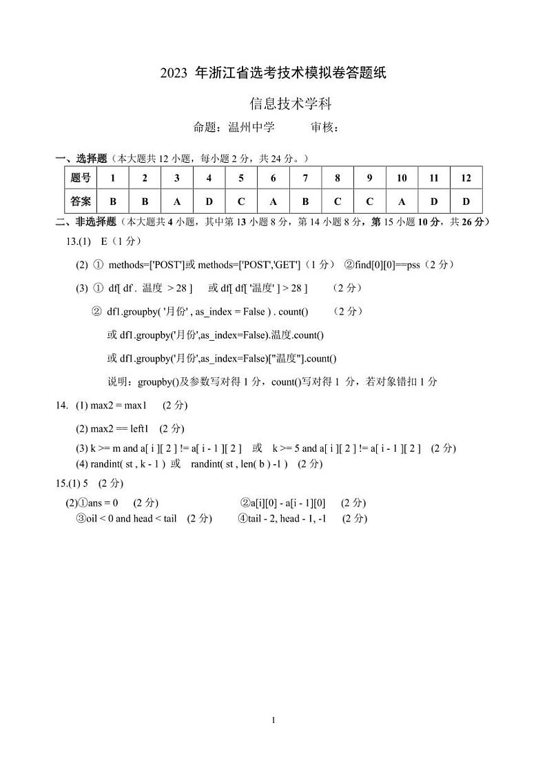 浙江省四校(杭州二中、温州中学、绍兴一中、金华一中)2022-2023学年高三高三上学期12月联考技术试题答案第1页