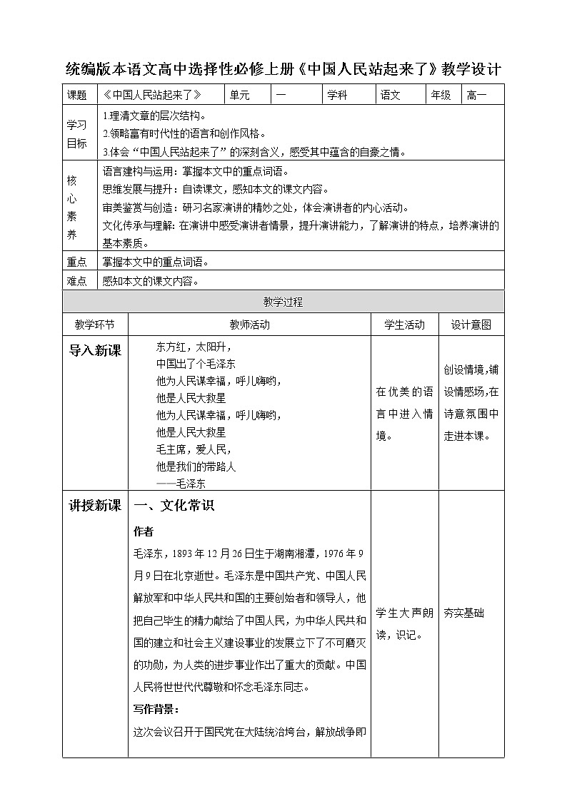 2021年高中语文人教部编版 选择性必修上册 第一单元 人教人教新课标选择性《中国人民站起来了》 教案第1页