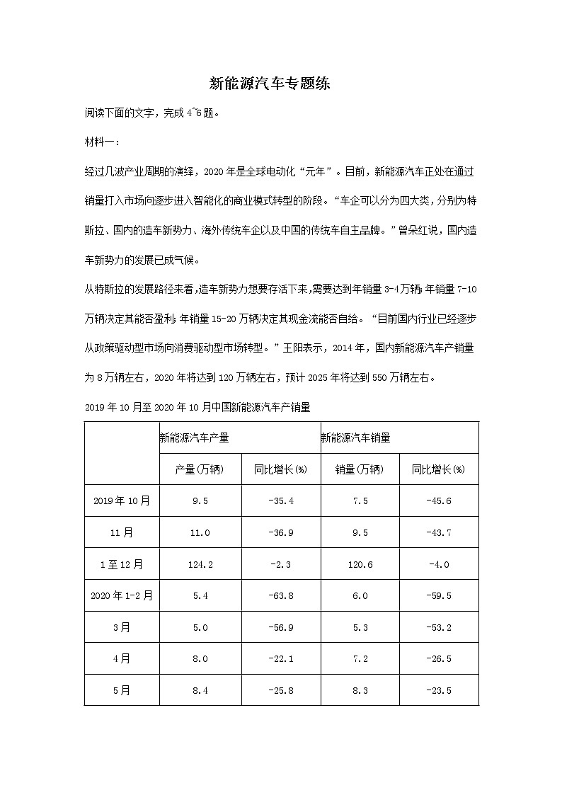 高考语文一轮现代文专题复习--新能源汽车专题练第1页