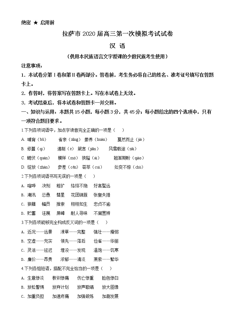 精品解析：2020届西藏自治区拉萨市高三一模汉语文试题01