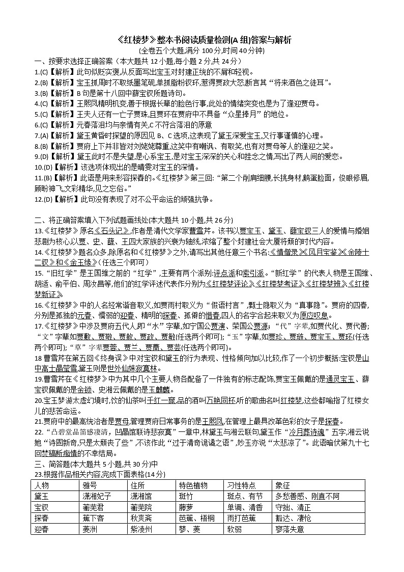 《红楼梦》整本书阅读质量检测A组(答案与解析)教案第1页