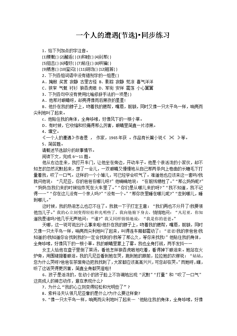 高中语文秋季一轮复习备课系列:2.1《一个人的遭遇(节选)》同步练习2(苏教版必修2)542第1页