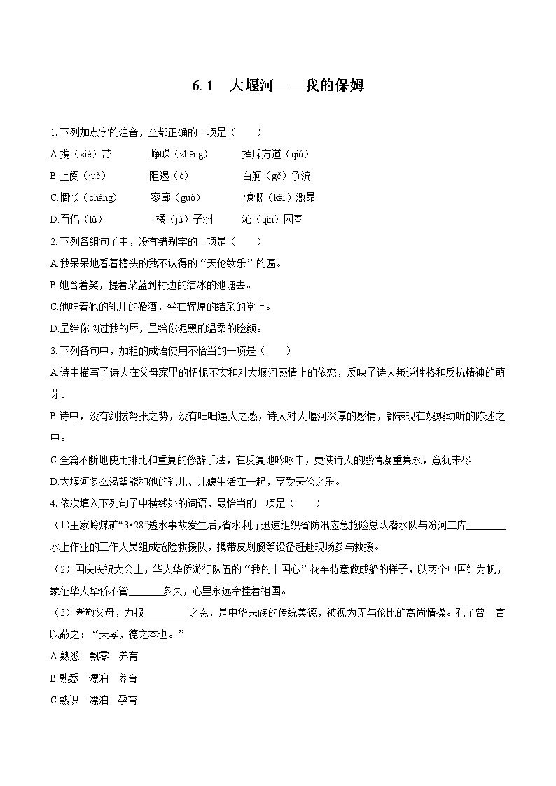 6.1 大堰河——我的保姆 同步习题 高中语文部编版选择性必修下册(2022年)01