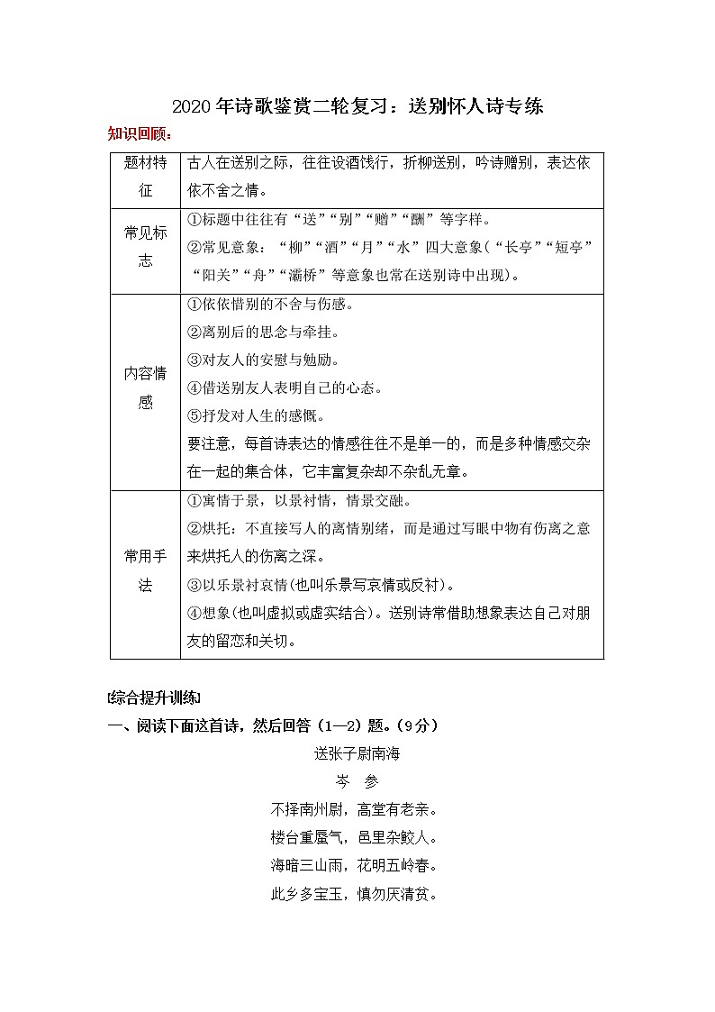 高考语文诗歌鉴赏二轮复习:送别怀人诗专练教案01