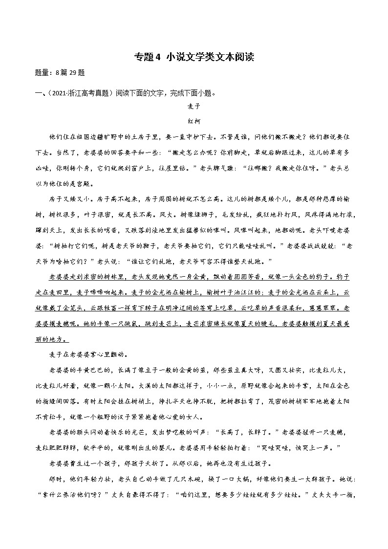 专题4 小说文学类文本阅读-2022年高考语文一轮复习暑假训练专题分类卷01