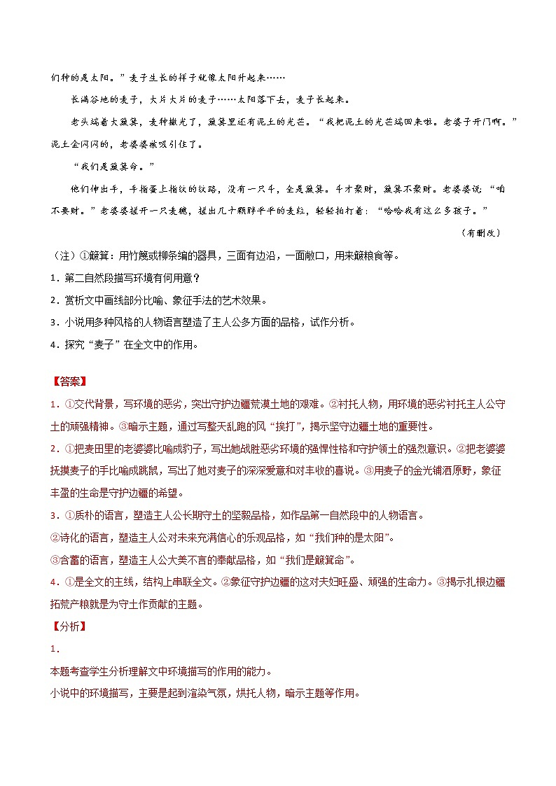专题4 小说文学类文本阅读-2022年高考语文一轮复习暑假训练专题分类卷03