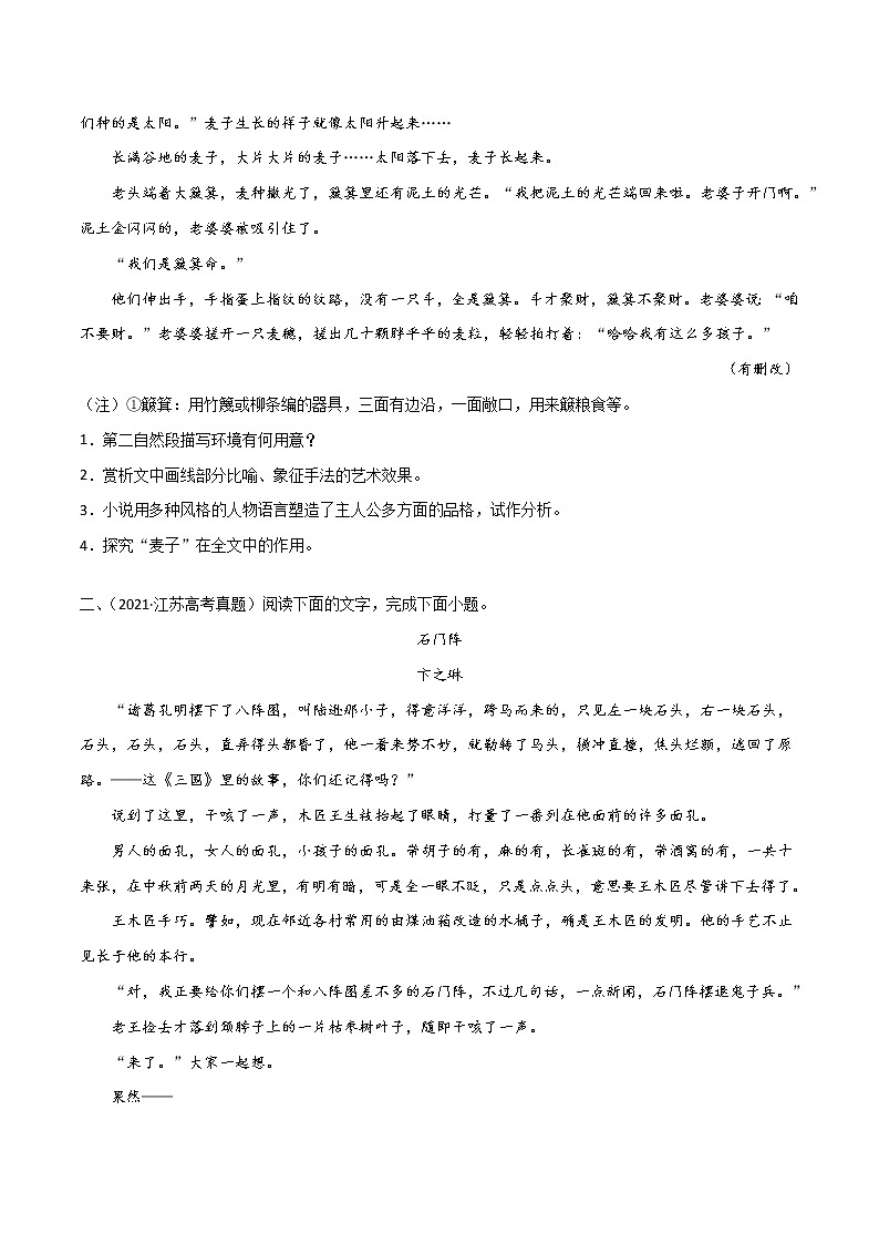 专题4 小说文学类文本阅读-2022年高考语文一轮复习暑假训练专题分类卷03