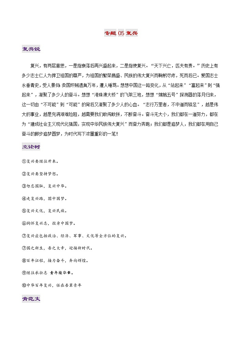 专题05 复兴-2022年高考作文议论文热门经典论题必备之社会关注篇第1页