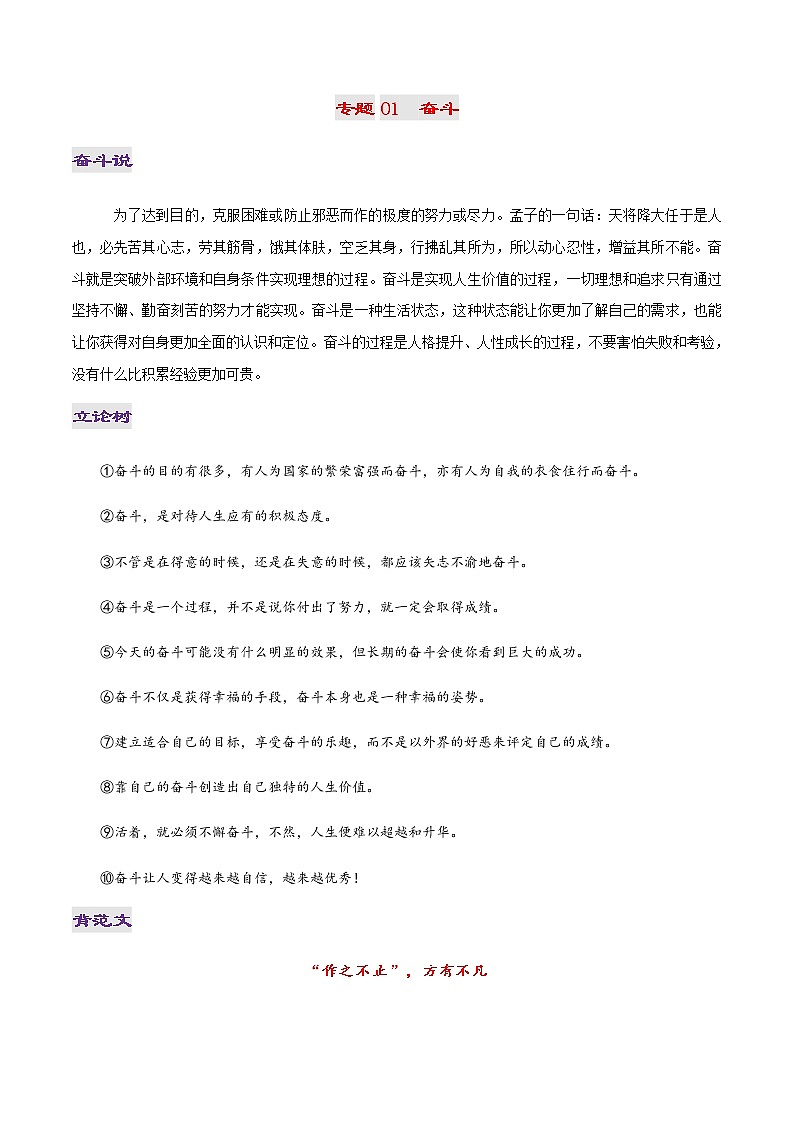 专题01 奋斗-2022年高考作文议论文热门经典论题必备之人生励志篇01