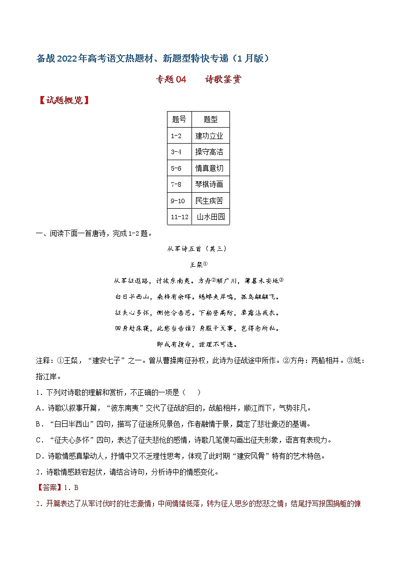 专题04 诗歌鉴赏——备战2022年高考语文热题材、新题型特快专递(新高考1月版)(解析版)第1页