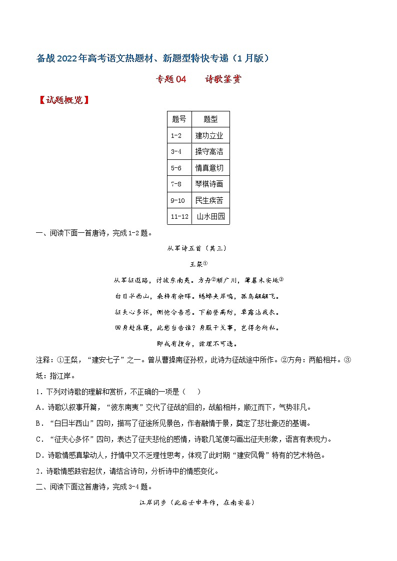 专题04 诗歌鉴赏——备战2022年高考语文热题材、新题型特快专递(新高考1月版)(原卷版)第1页