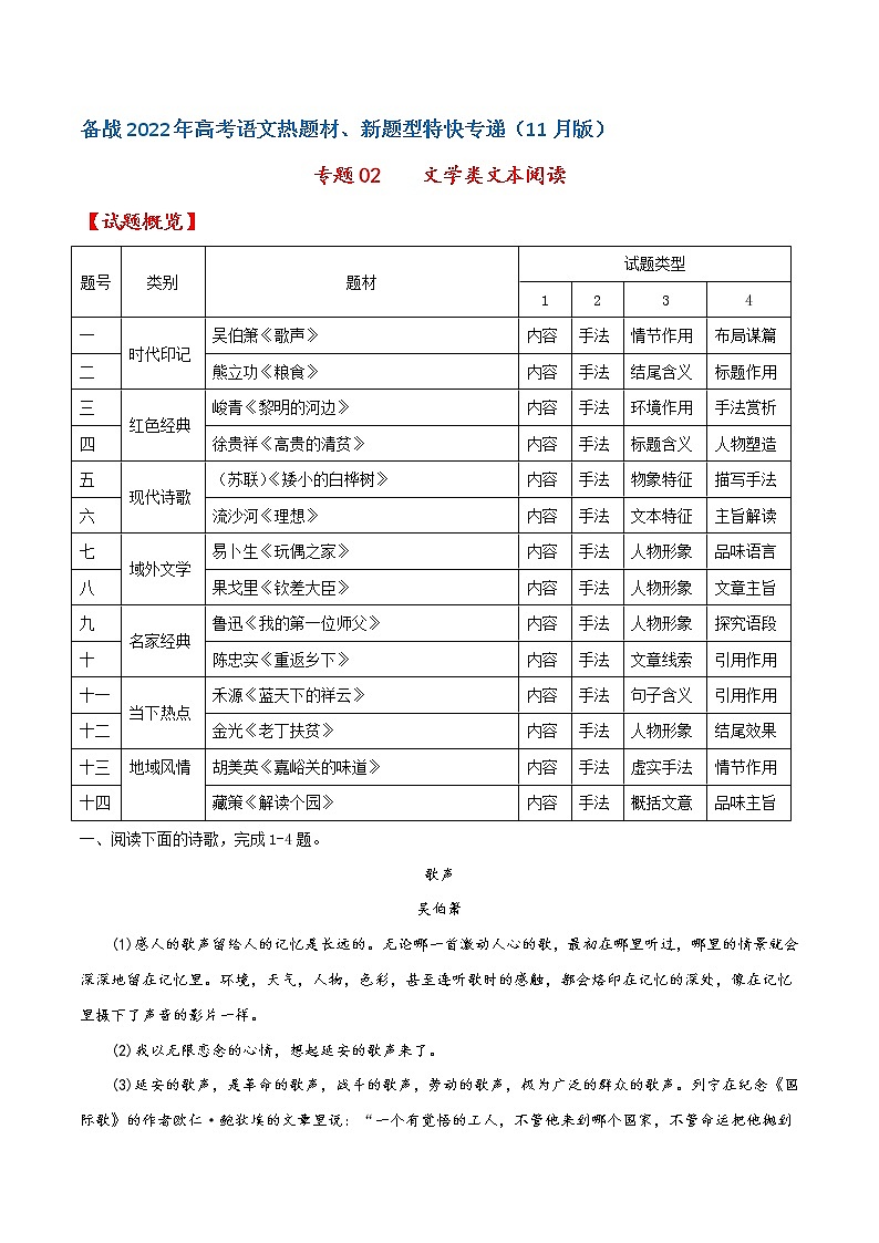 专题02 文学类文本阅读——备战2022年高考语文热题材、新题型特快专递(新高考11月版)(解析版)第1页