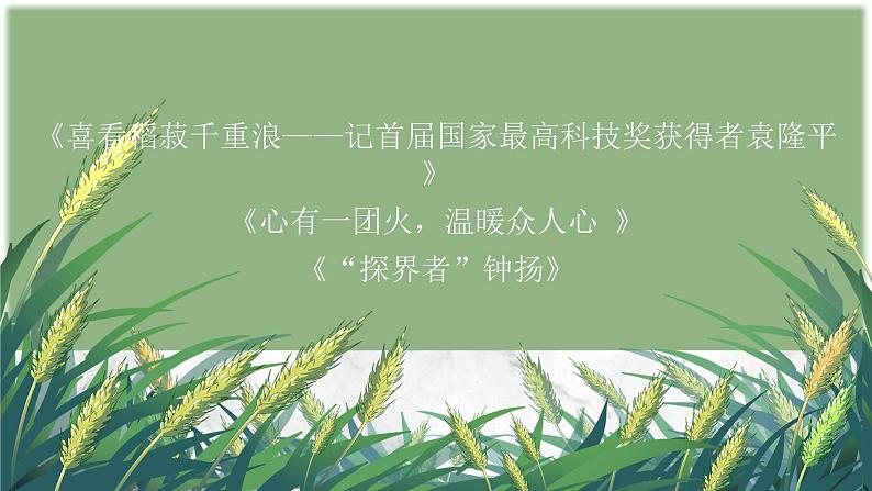 《喜看稻菽千重浪》《心有一团火,温暖众人心》《“探界者”钟杨》 群文教学课件32张 2021-2022学年统编版高中语文必修上册第1页