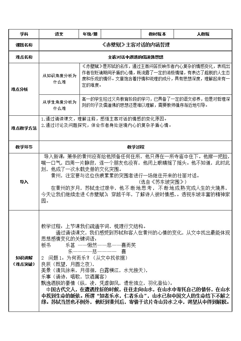 人教部編版高中語文必修上冊 16.1赤壁賦  教案第1頁