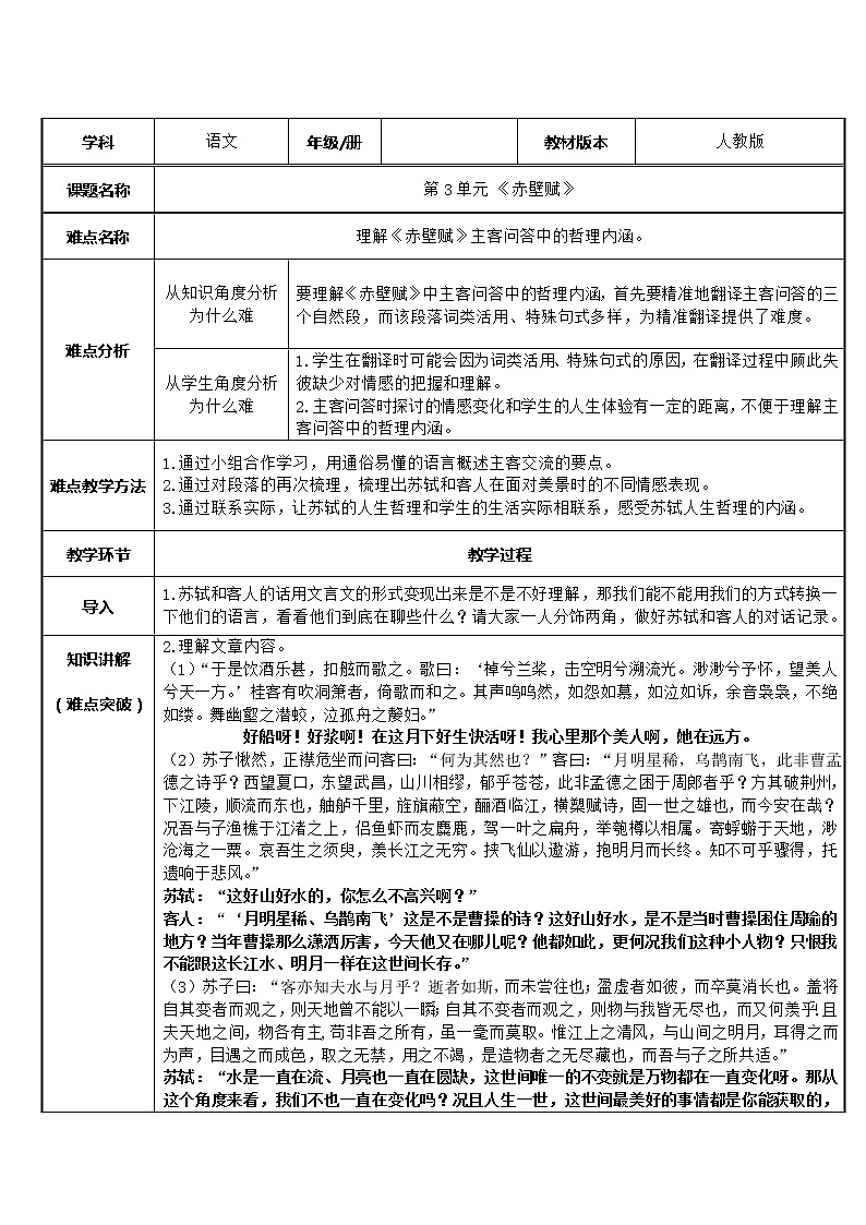 人教部编版高中语文必修上册 16.1赤壁赋 教案第1页