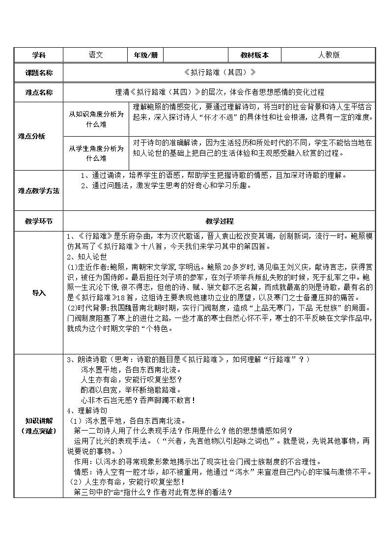 人教部编版高中语文选择性必修下册古诗词诵读——拟行路难 教案第1页