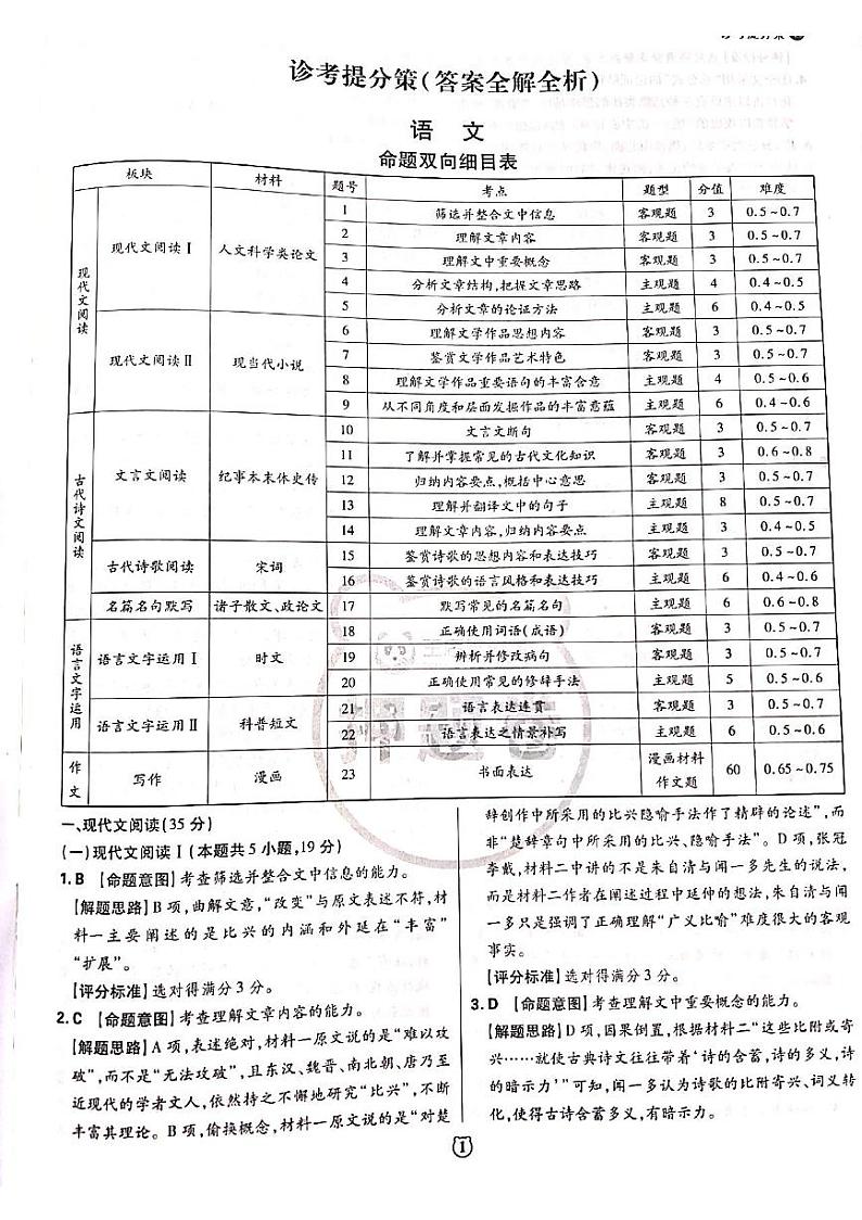 2022王后雄新高考押题 语文卷+答案01