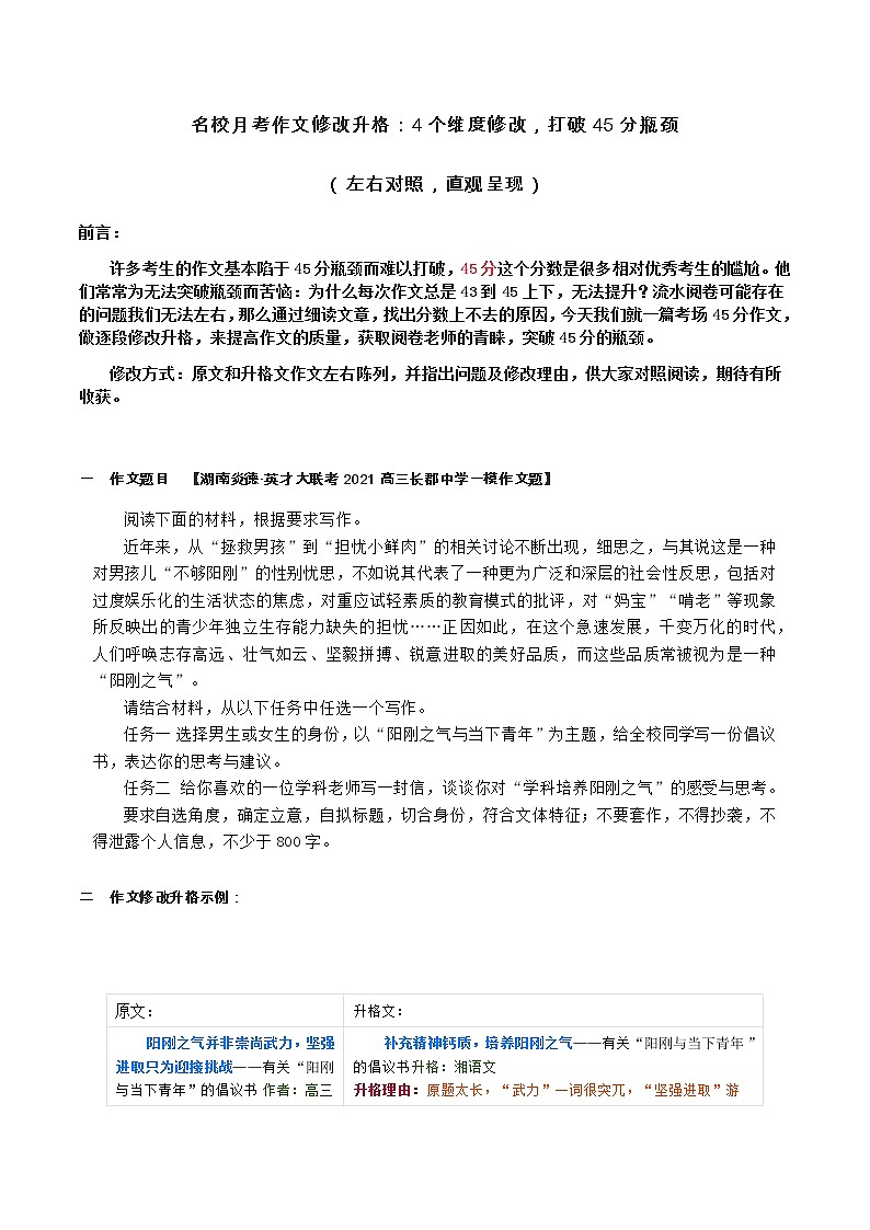 20 名校月考作文修改升格,突破45分瓶颈-2022年高考作文热点新闻素材积累与运用第1页