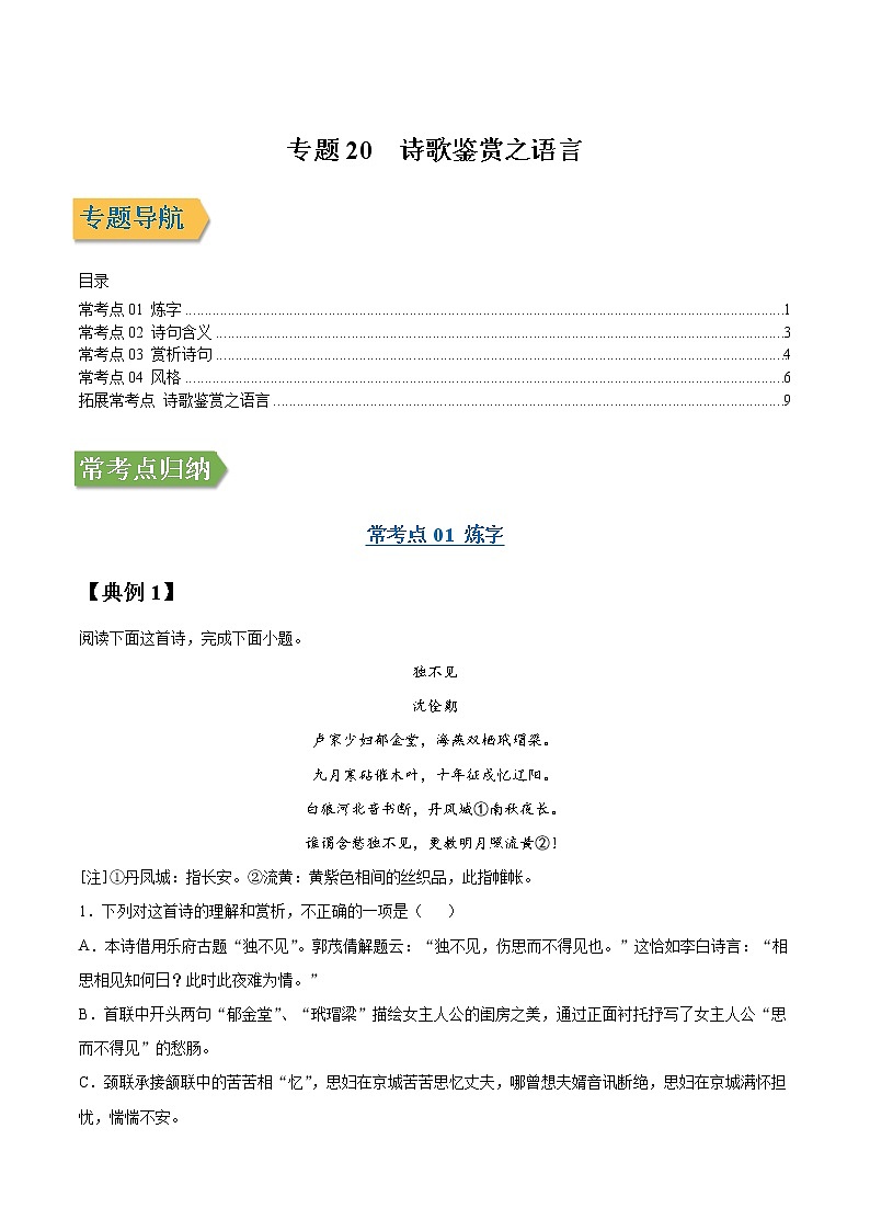 专题20 诗歌鉴赏之语言-2022年高三毕业班语文常考点归纳与变式演练(新高考版)01