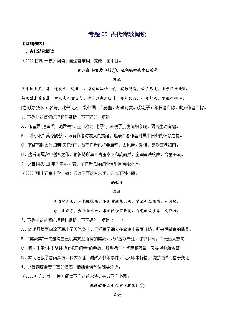 专题05 古代诗歌阅读(基础训练)(原卷版)第1页