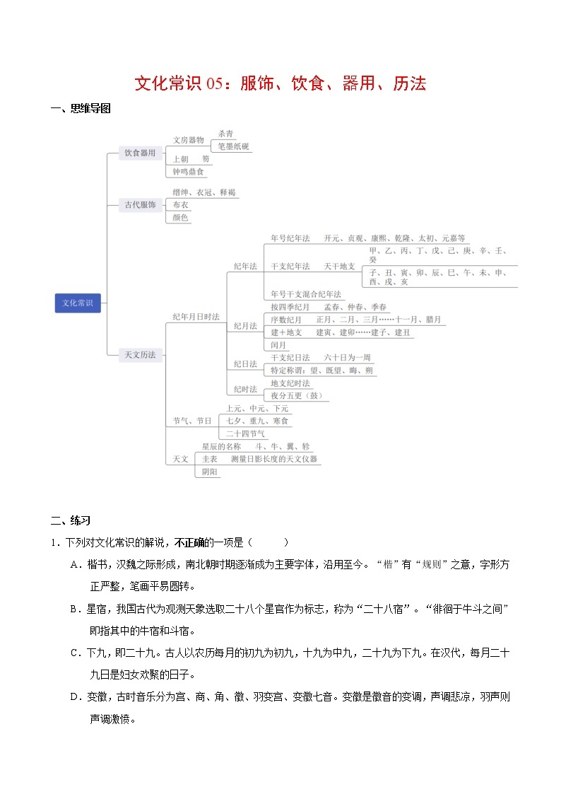 文化常识05 饮食器用、古代服饰、天文历法（知识+练习+思维导图）-2022年高考语文必备古代文化常识深挖细讲01