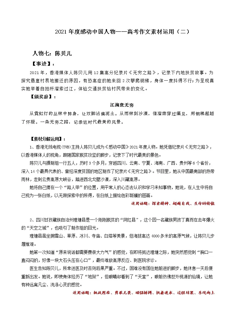 专题02+2021年度感动中国人物高考作文素材（二）-备战2022年高考作文时新素材速递01
