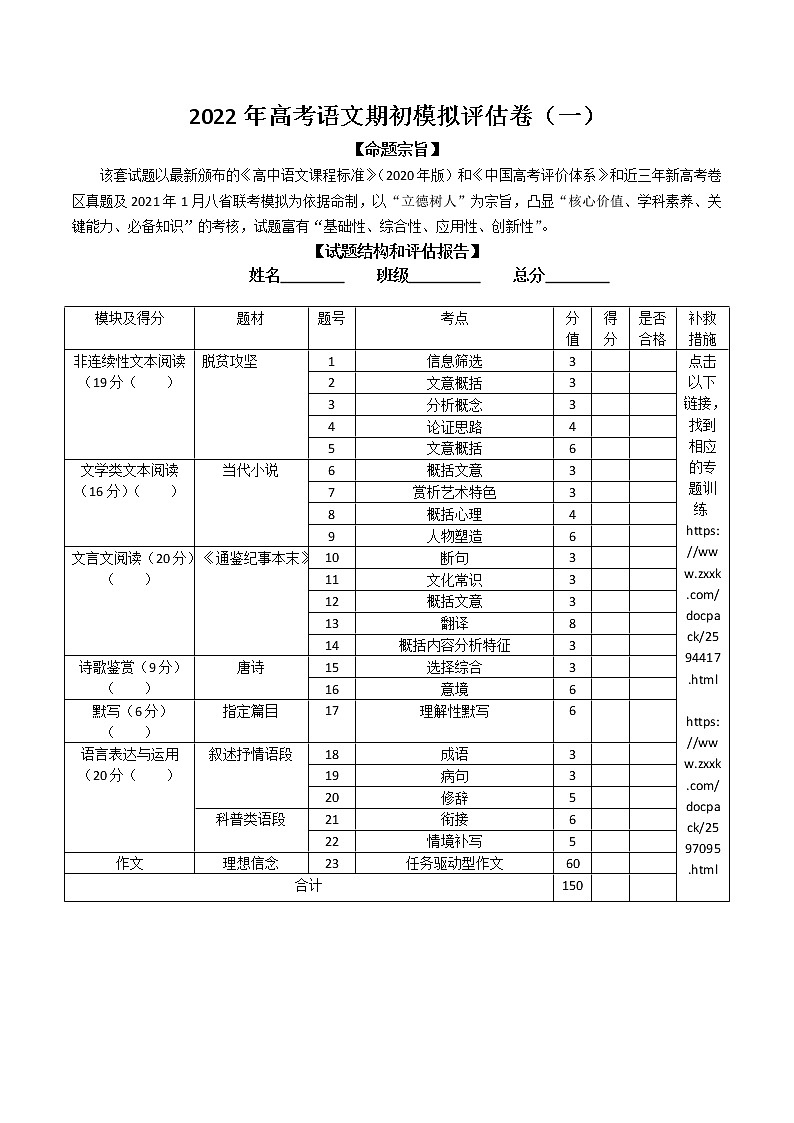 2022年高考语文上学期期初模拟评估卷(新高考版)(一)(试题评估报告)第1页