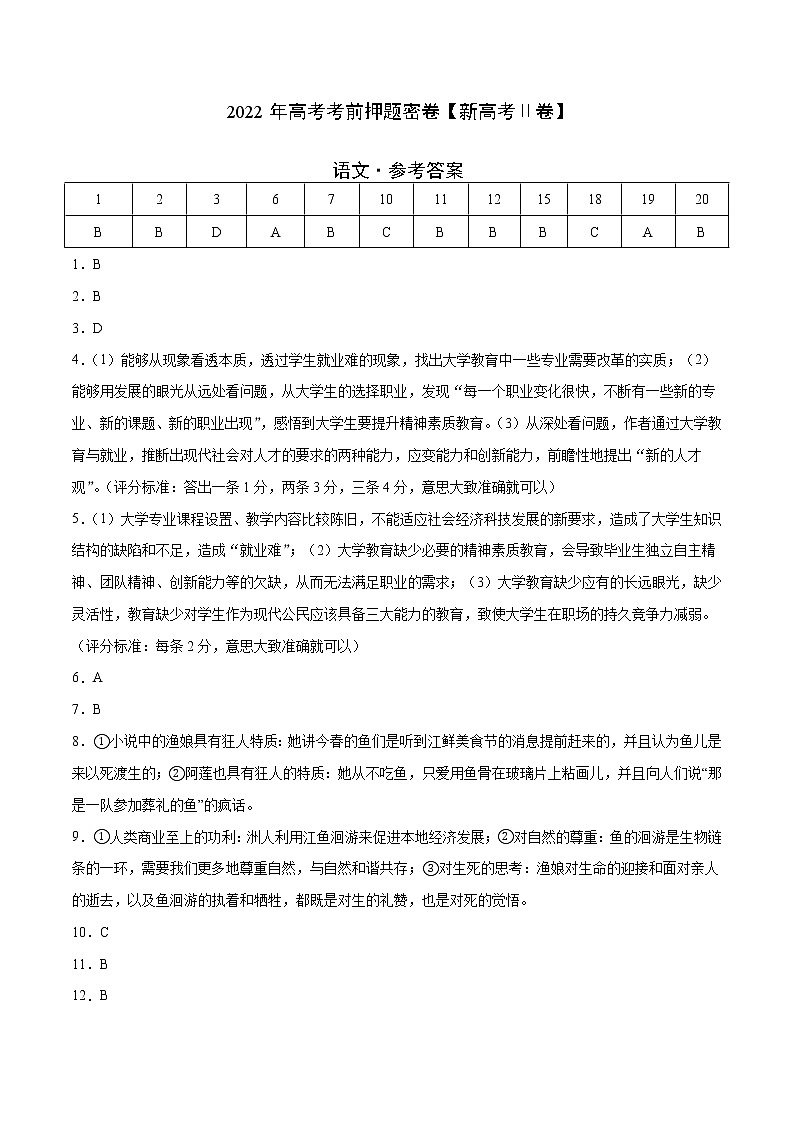 2022年高考考前押题密卷【新高考Ⅱ卷】-语文(参考答案)第1页