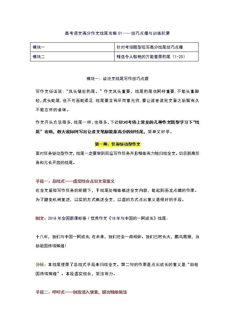 专题01 结尾攻略之常见结尾技巧点播+训练积累-2022年高考语文作文冲满分必背万能模块第1页