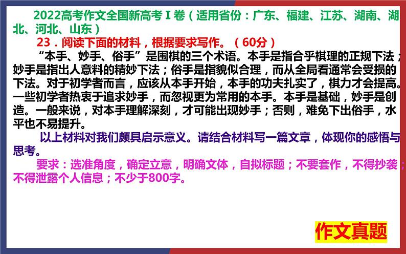 2022年全国新高考Ⅰ卷作文“本手、妙手、俗手”名师解析及素材、范文讲评课件第3页
