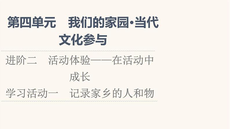 人教统编版高中语文必修上册第4单元我们的家园当代文化参与进阶2学习活动1记录家乡的人和物课件第1页