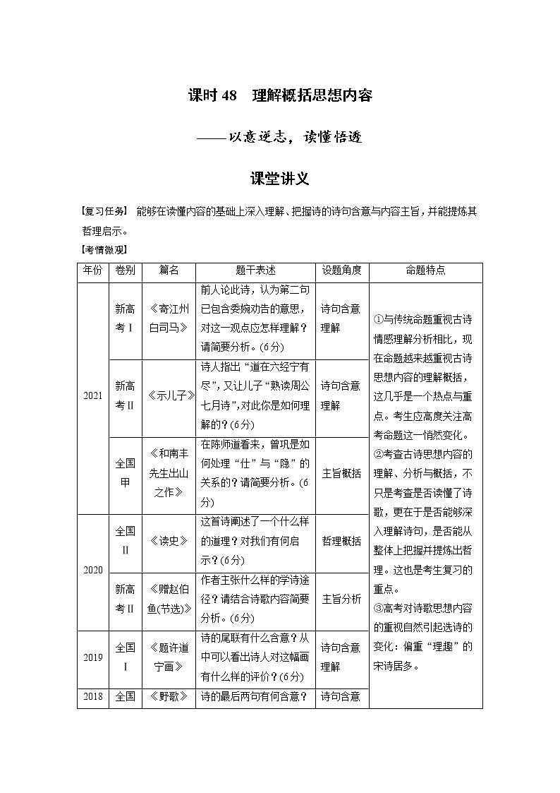 (新高考)高考语文二轮复习第4部分 古诗词阅读与鉴赏 课时48 理解概括思想内容-以意逆志,读懂悟透 (含详解)第1页