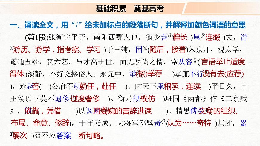 (全國(guó)版)高考語文一輪復(fù)習(xí)課件第5部分 教學(xué)文言文點(diǎn)線面 必修4 課文3 張衡傳 (含詳解)第2頁