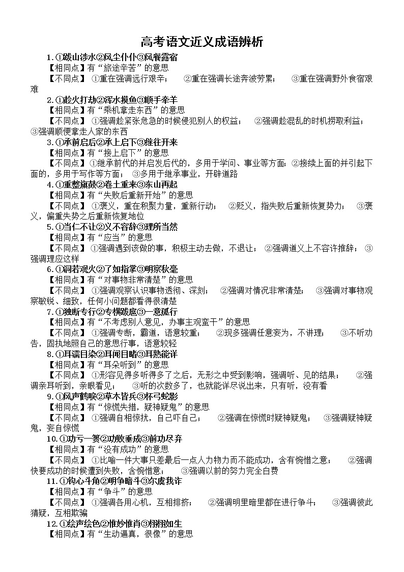 高中语文高考复习近义成语辨析（共35组）01