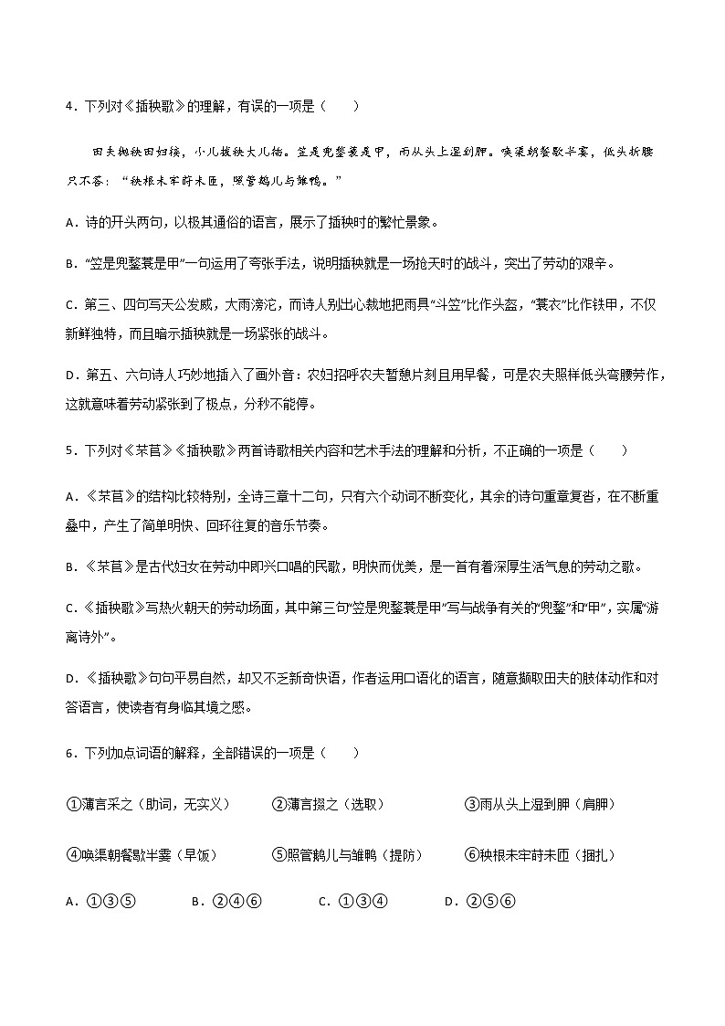 第6.2课 《插秧歌》(练习)-高一语文同步精品课堂(统编版必修上册)原卷版第2页