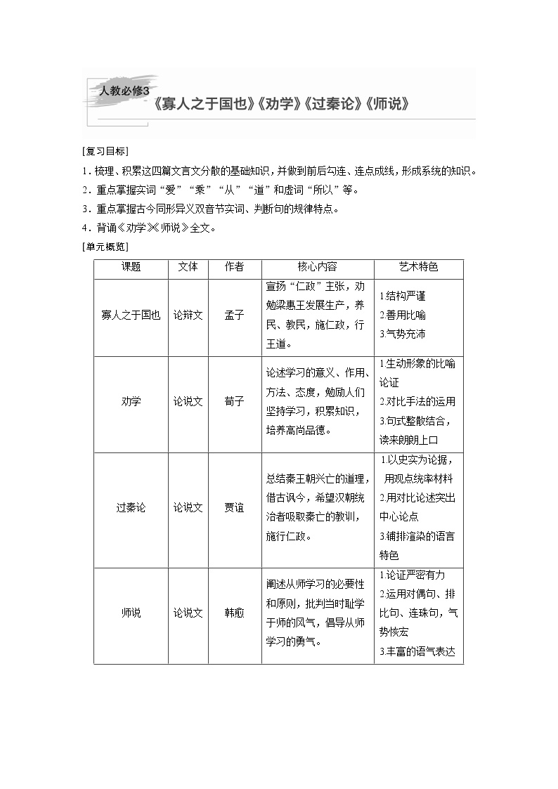 新高考语文第5部分 教材文言文点线面 必修3 课文1 寡人之于国也 试卷