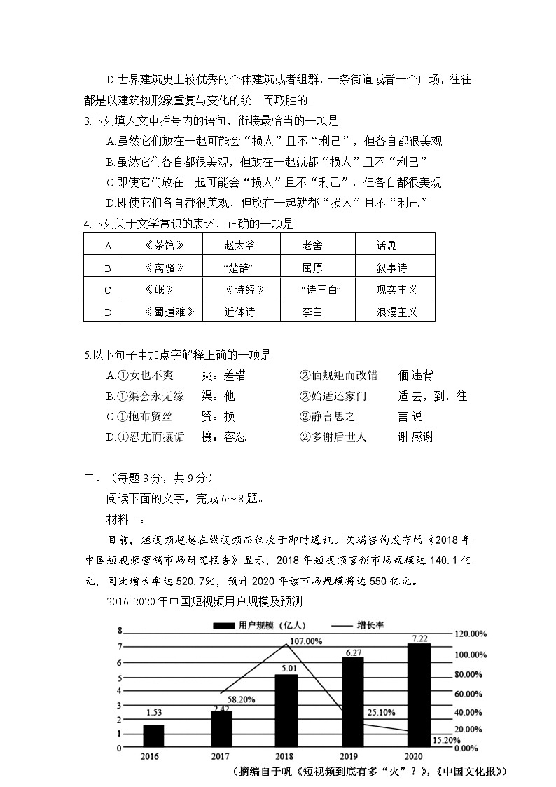 2021-2022学年天津市耀华中学等五校联考高二下学期期中考试语文试题含答案第2页