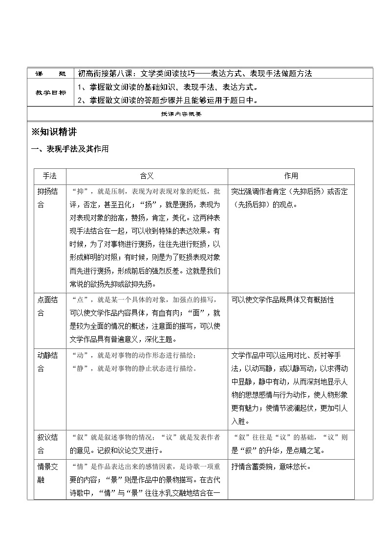 高一语文暑假讲义-初高衔接08：文学类阅读技巧——表达方式、表现手法做题方法（教师版+学生版）01