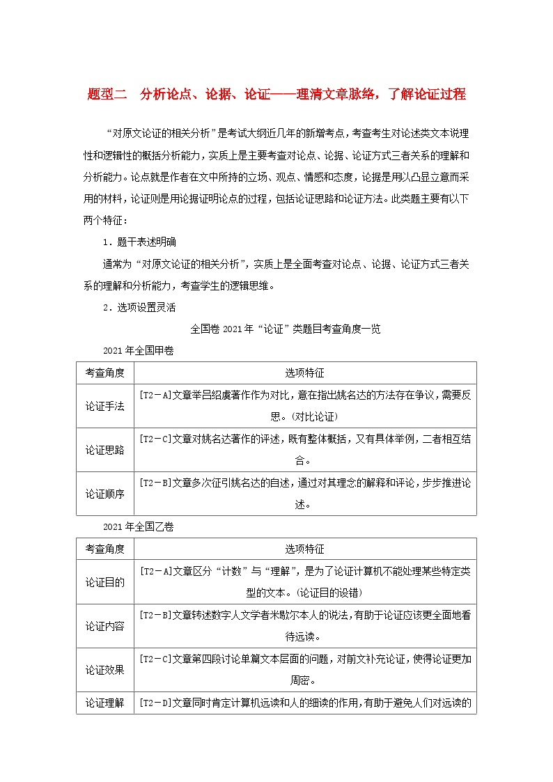 统考版2023届高考语文全程一轮复习第三部分论述类文本阅读专题六论述类文本阅读学案二题型分类研究集中突破考点题型二分析论点论据论证__理清文章脉络了解论证过程