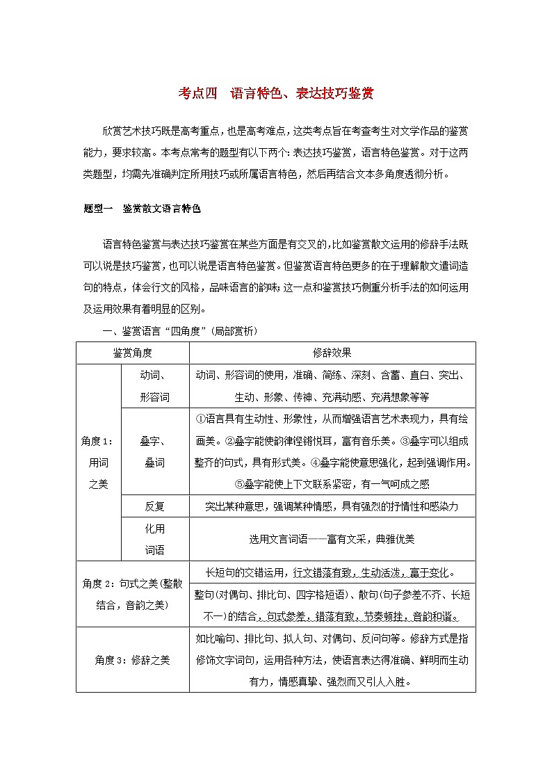 统考版2023届高考语文全程一轮复习第五部分文学类文本阅读专题九散文阅读学案二题型透析__从命题视角分类突破考点考点四语言特色表达技巧鉴赏第1页