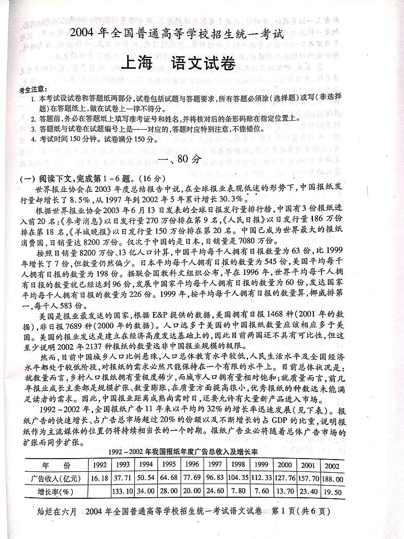2004年上海高考语文真题试卷(PDF版)01