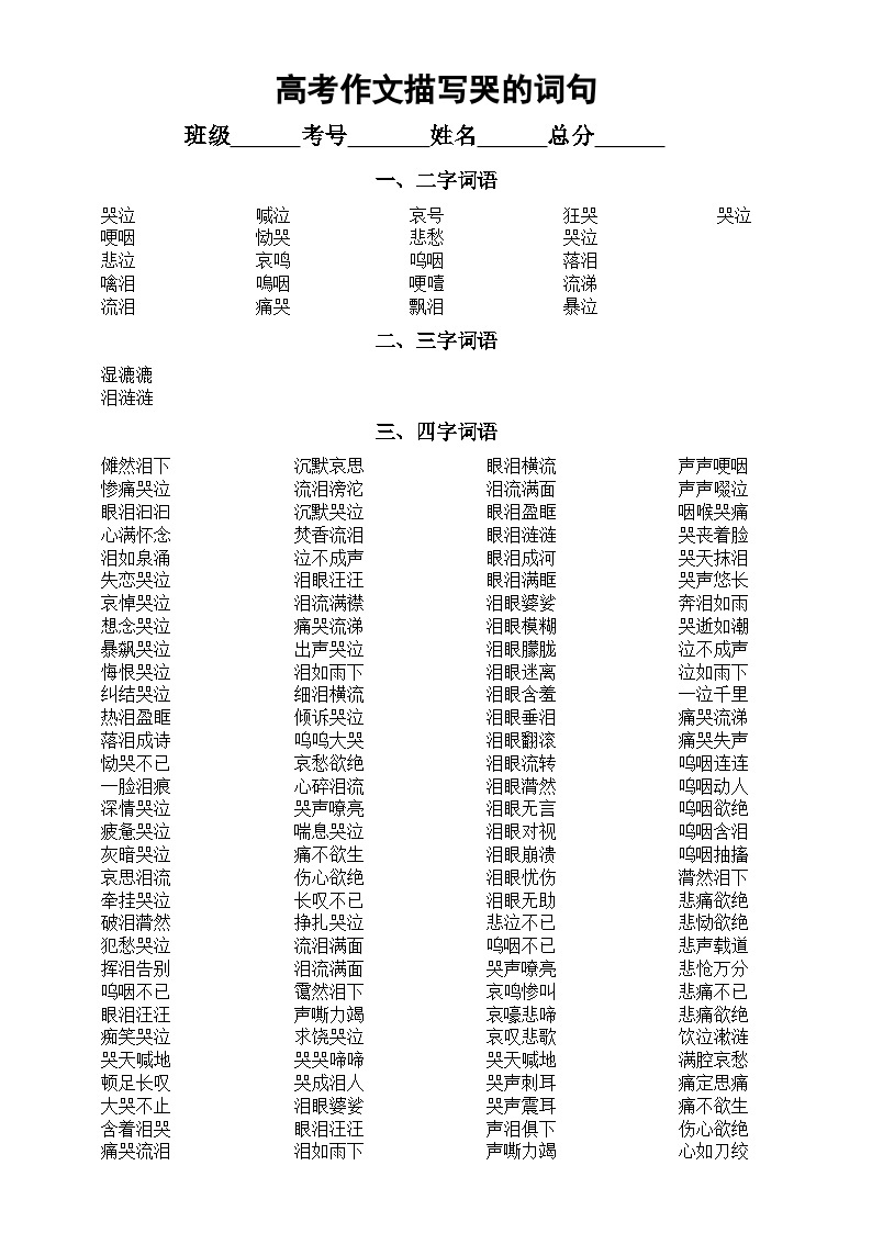 高中语文2024高考作文描写哭的词句(二字词语+三字词语+四字词语+五字词语+六字词语+句子+诗词)01