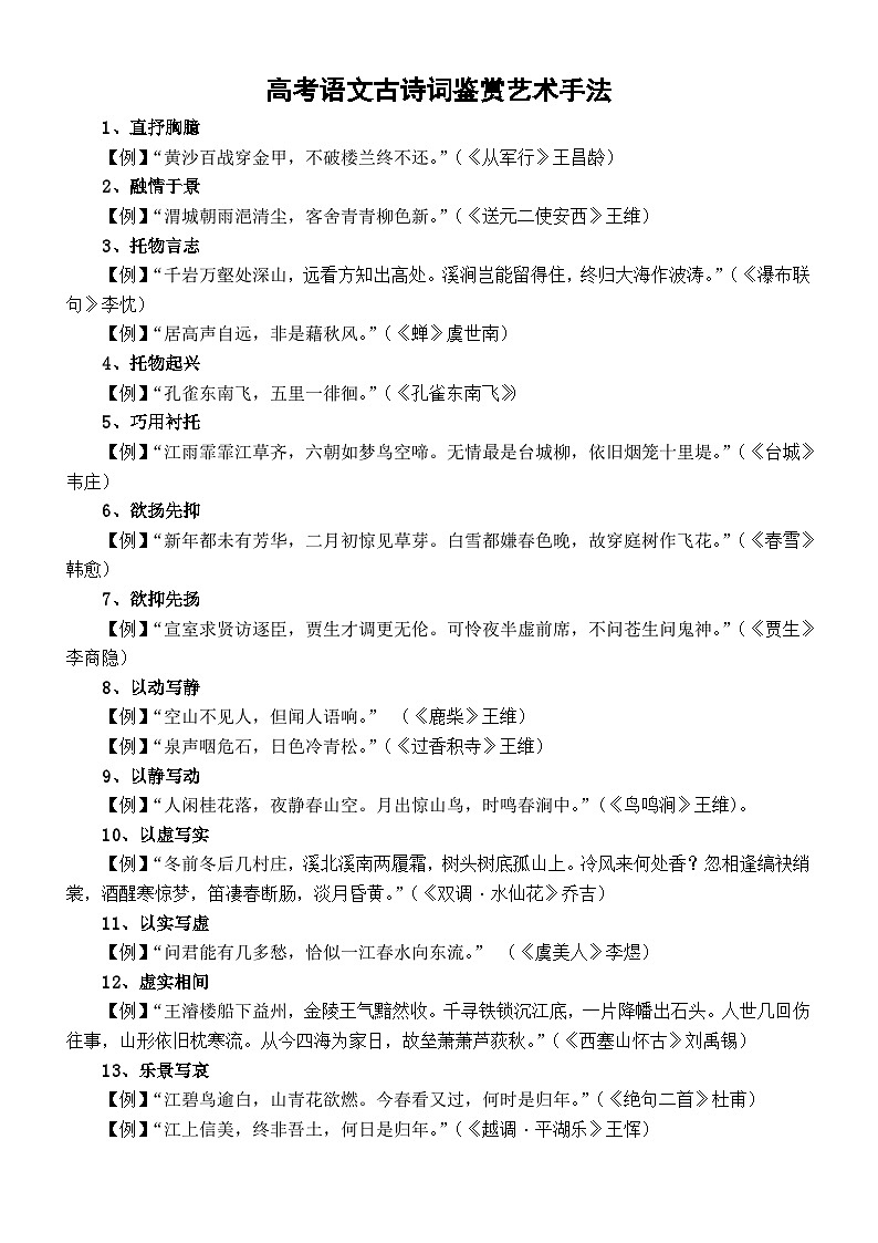 高中语文2024高考复习古诗词鉴赏艺术手法汇总(共28个)第1页