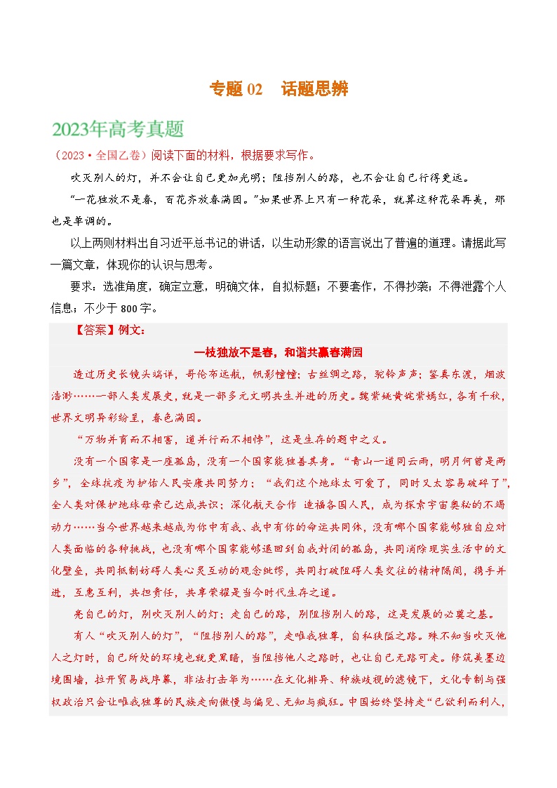 2021-2023年高考语文真题分项汇编（全国通用）大作文专题02话题思辨（Word版附解析）