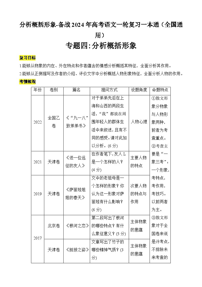 分析概括形象-备战2024年高考语文一轮复习一本通(全国通用)(解析版)第1页