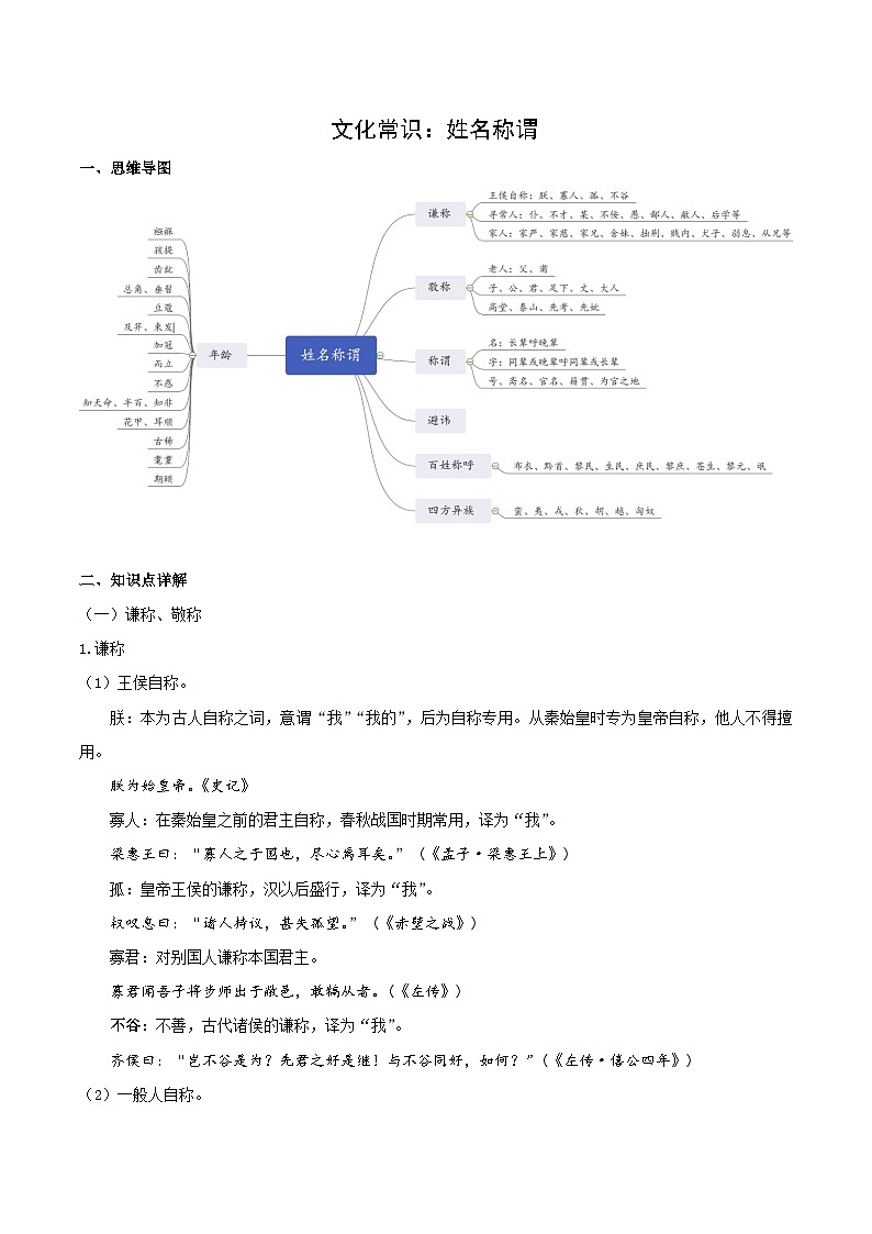 文化常识 01 称谓-2022年高考语文必备古代文化常识深挖细讲(知识) 学案01