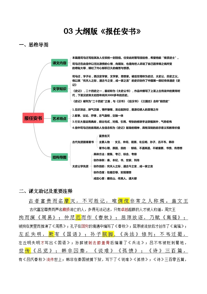 《报任安书》原文呈现+思维导图+挖空训练+句式+情景默写+素材运用-备战2024年新高考新教材课内必备文言文全面复习与素材运用（统编版）01