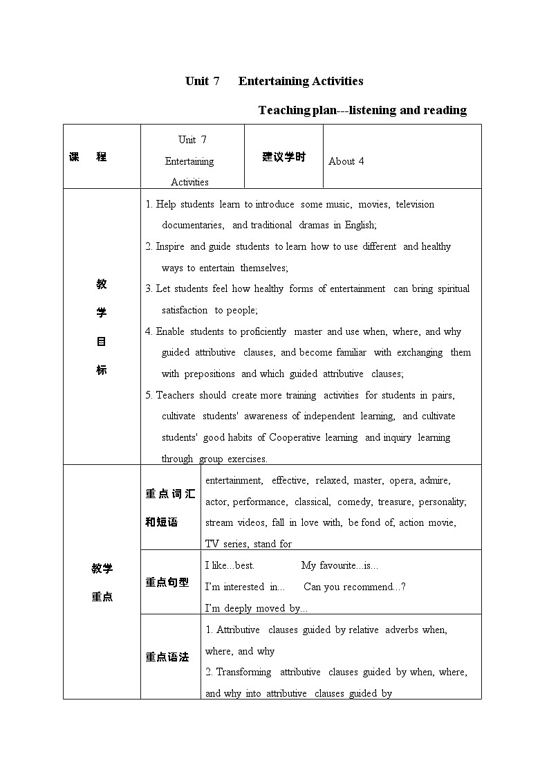 【中职专用】高中英语Unit 7 Entertaining Activities Listening and Reading 教学设计-2022-2023学年中职英语语文版(2021)基础模块201